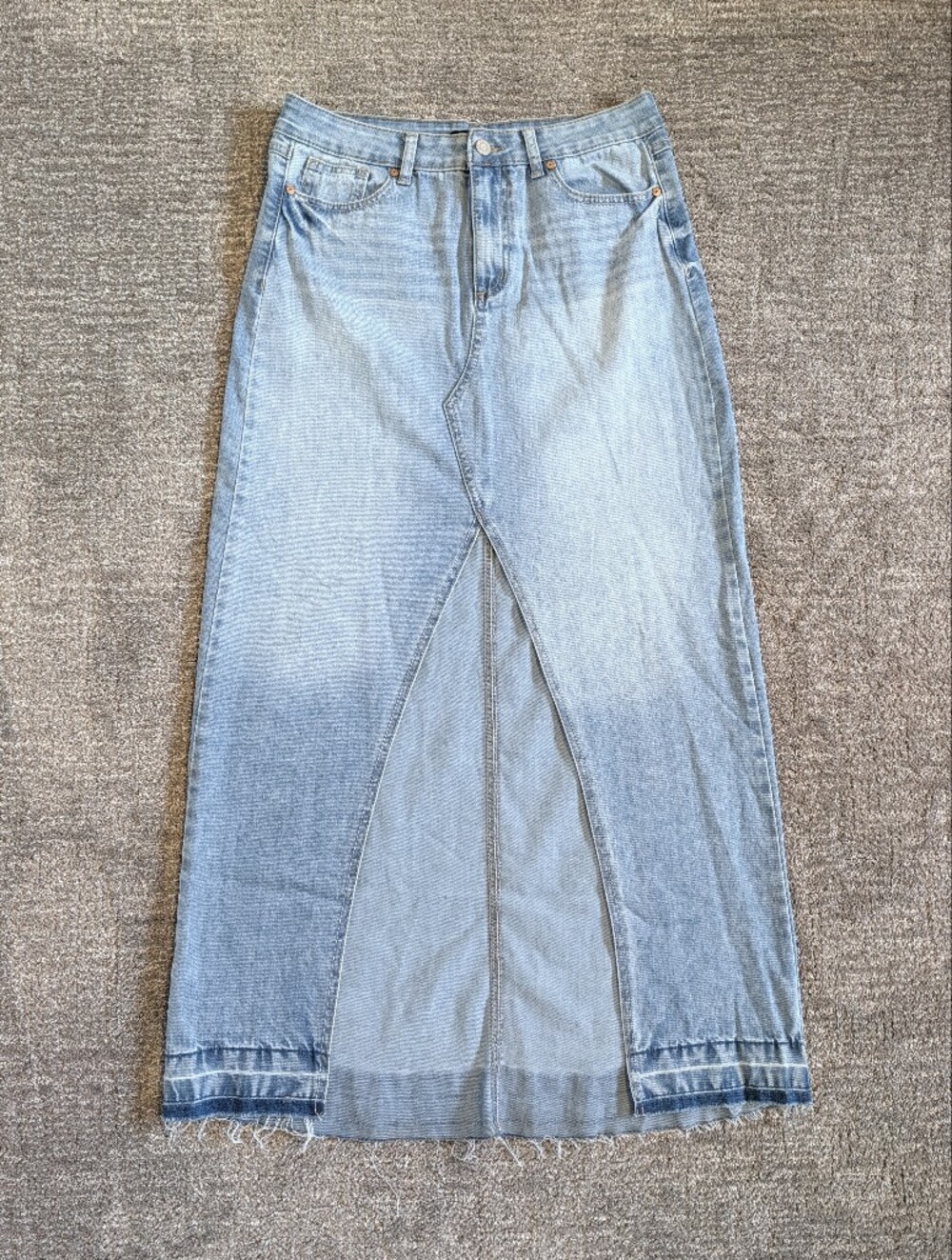 Sincerely Jules Light Blue Denim Jean Maxi Skirt with Front Cutout - Size 7/28